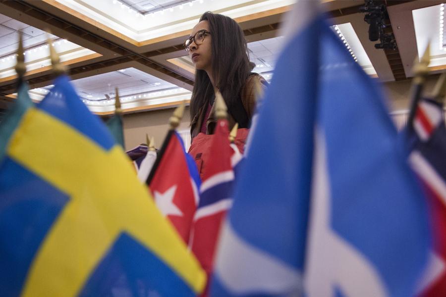 A person stands near several mini flags from around the world.