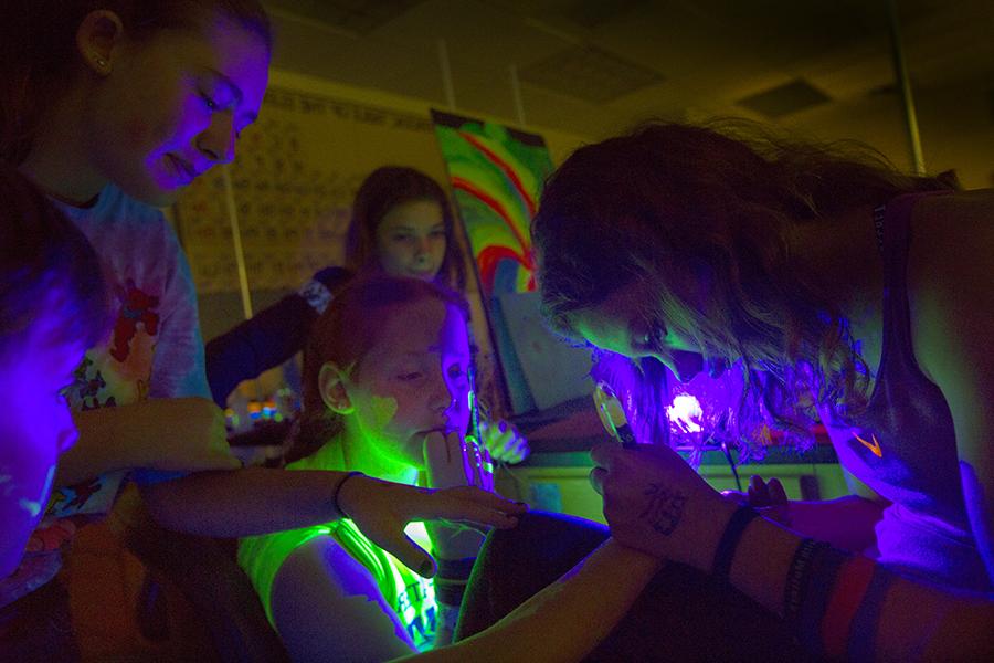 Students use different inks under a black light.