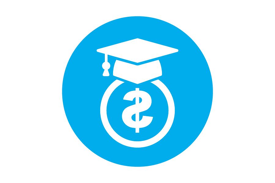 Icon of a dollar sign with a graduation cap on top of it.